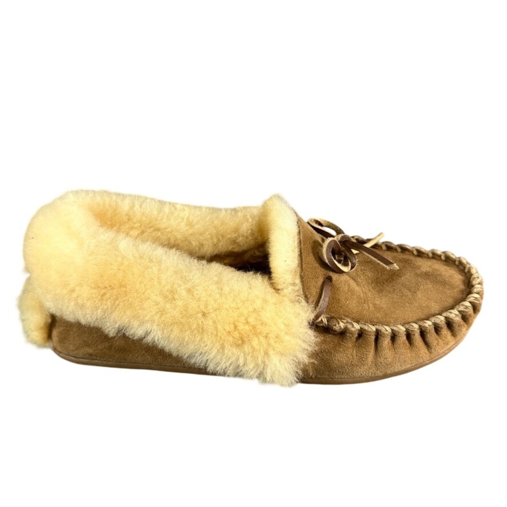LL Bean Wicked Good Moccasins Brown Suede Shearling Slippers Women's 9